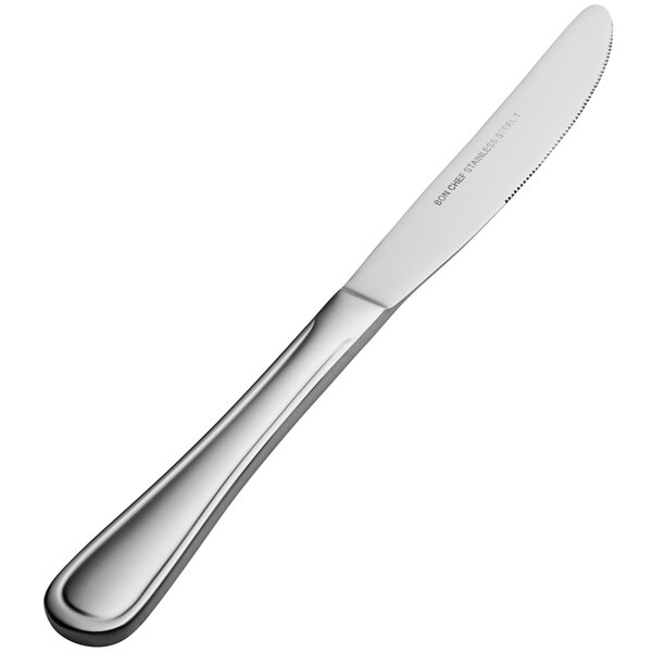 A Bon Chef Tuscany stainless steel dinner knife with a solid silver handle.