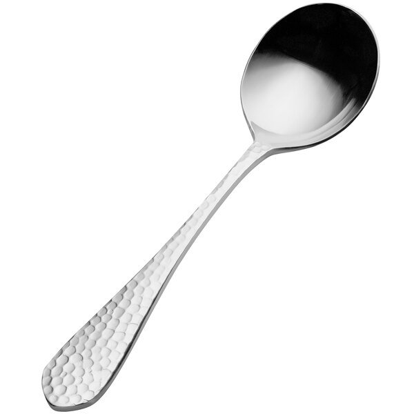 A Bon Chef stainless steel bouillon spoon with a textured handle.