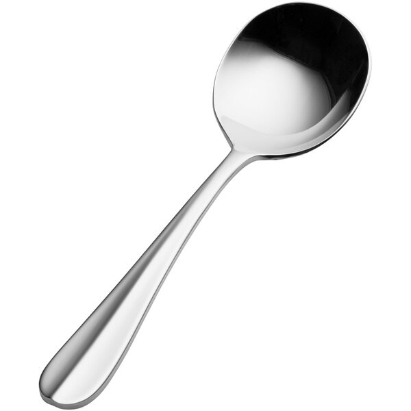 A close-up of a Bon Chef stainless steel bouillon spoon with a silver handle.