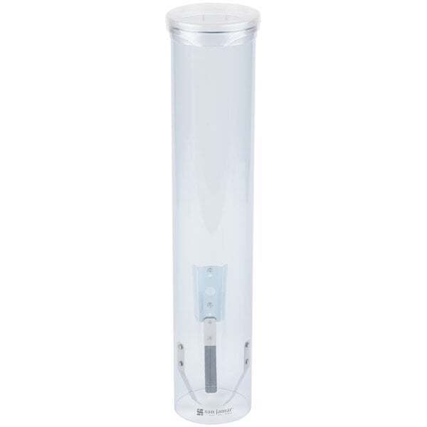 A clear plastic San Jamar water cup dispenser with a metal tip.
