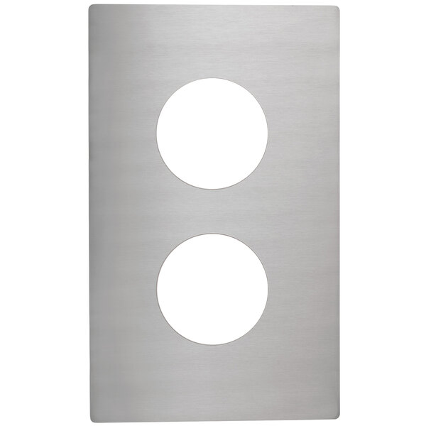 A silver rectangular stainless steel adapter plate with two circles.