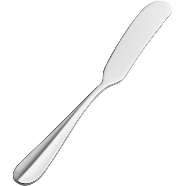 A close-up of a Bon Chef stainless steel butter spreader with a white background.