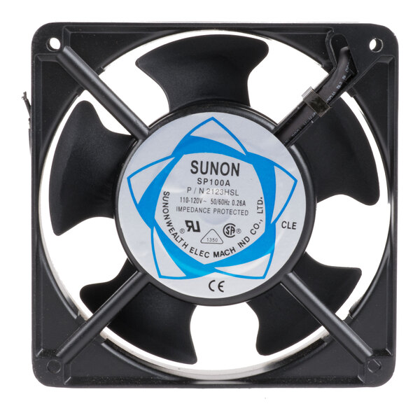 A close-up of a black and white Avantco replacement fan with a blue and white label.