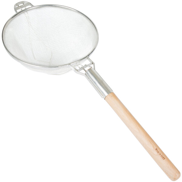 A Tablecraft metal mesh strainer with a wooden handle.
