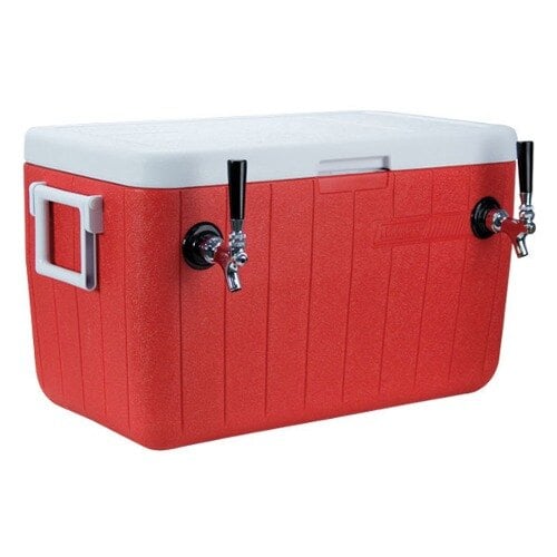 A red and white cooler with two taps and a white lid.