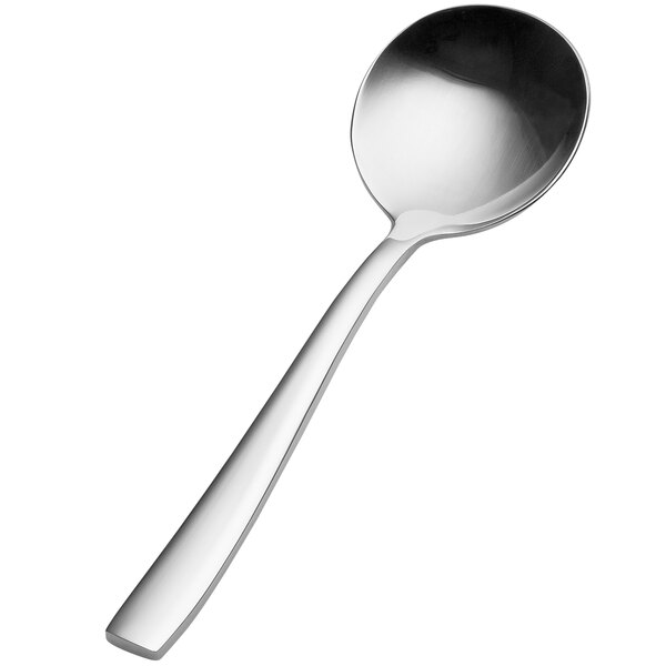 A close-up of the Bon Chef Manhattan stainless steel bouillon spoon with a handle.