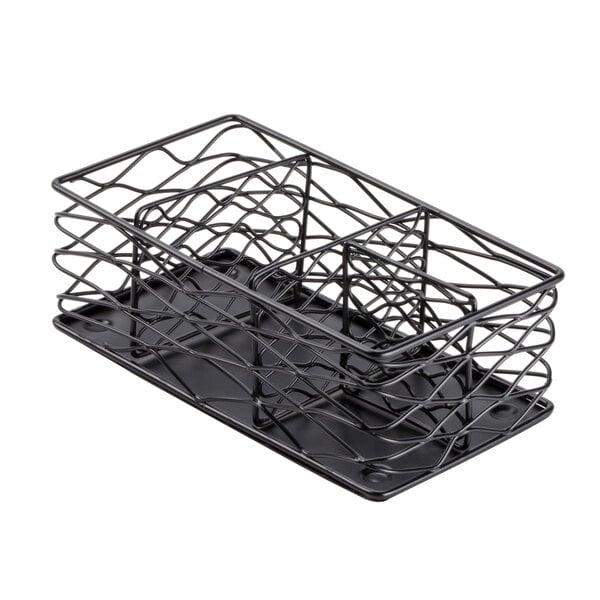 An American Metalcraft black wire coffee caddy with three compartments.