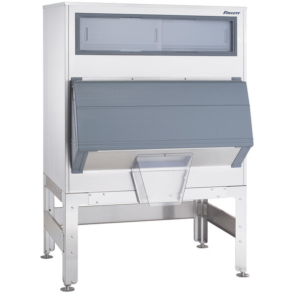 A white machine with a grey lid labeled "Follett Ice Storage Bin"