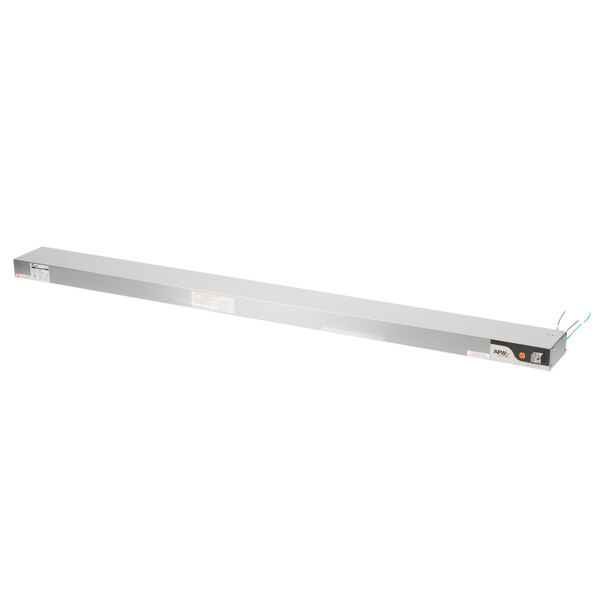 A long rectangular metal shelf with blue wires.