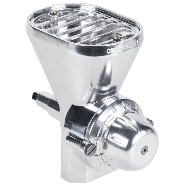 A silver KitchenAid grain mill attachment with a metal lid.