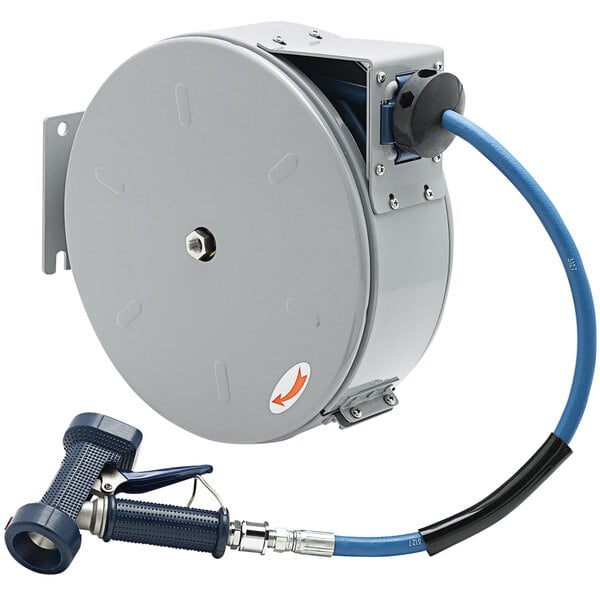 A T&S grey metal hose reel with a black handle and hose attached.