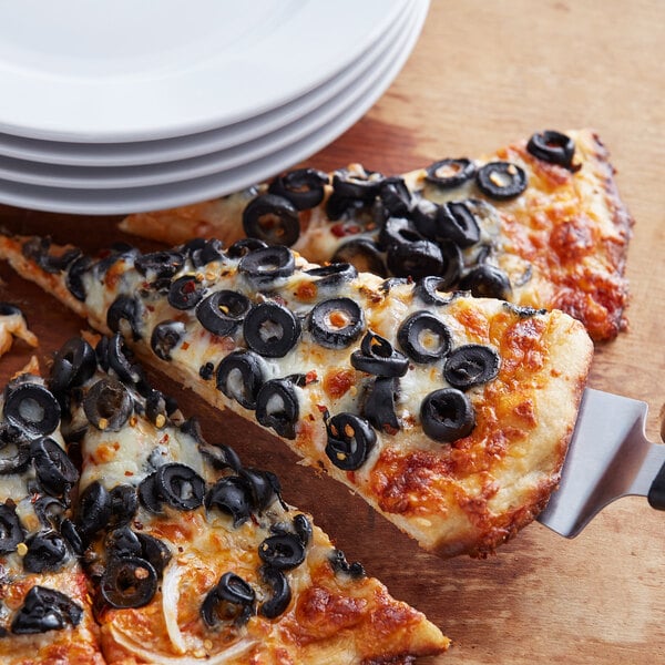 Slices of pizza with Regal black olives on top.