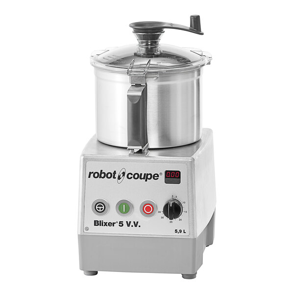 A silver Robot Coupe food processor with a lid.