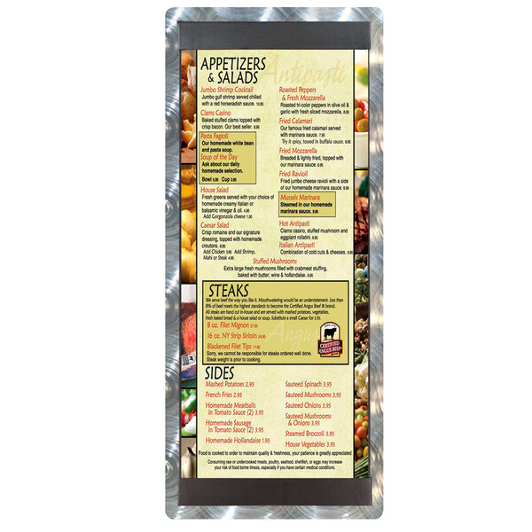 A Menu Solutions Alumitique aluminum menu board with swirl finish displaying a menu.