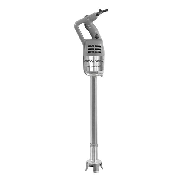 A silver and black Robot Coupe immersion blender with a metal pole.