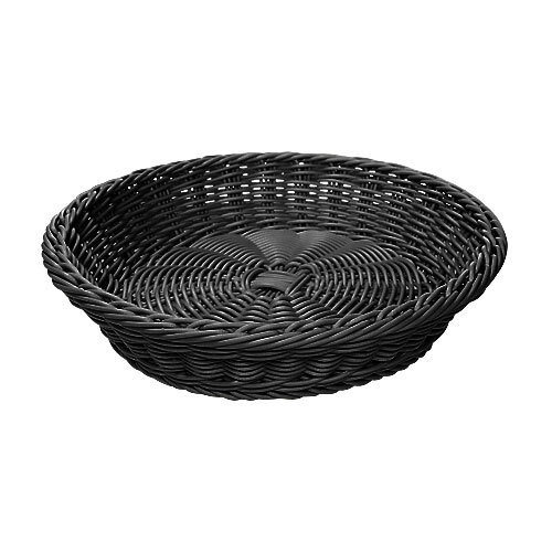 A close up of a black round plastic bread basket with a circular pattern.