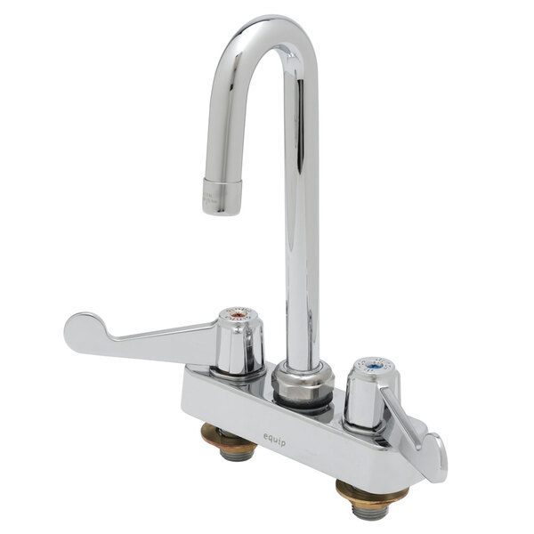A chrome Equip by T&S deck-mounted workboard faucet with two wrist handles and a gooseneck spout on a counter.