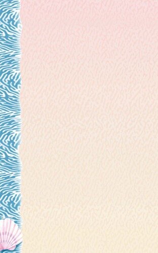 Seafood themed menu paper with a white surface and a pink and blue striped shell border.