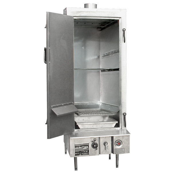 A Town stainless steel smokehouse cabinet with a door open.