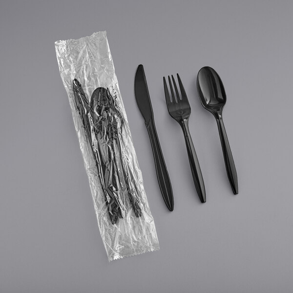 Choice Medium Weight Black Wrapped Plastic Cutlery Set with Knife, Fork,  and Spoon - 50/Pack