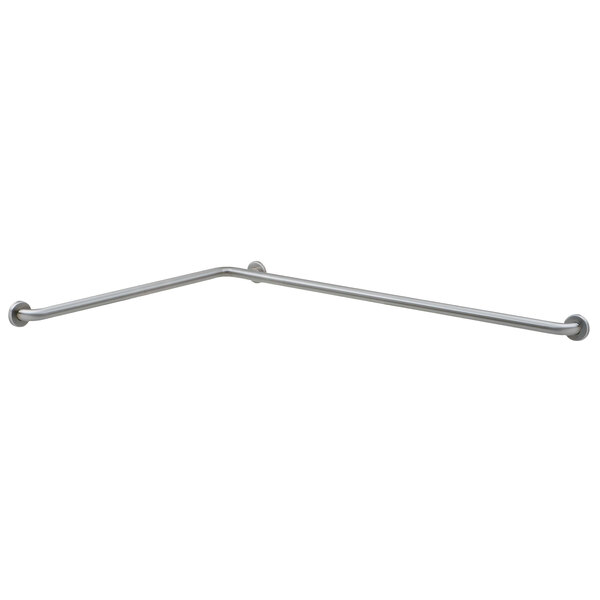 A stainless steel Bobrick two-wall grab bar with a satin peened finish.