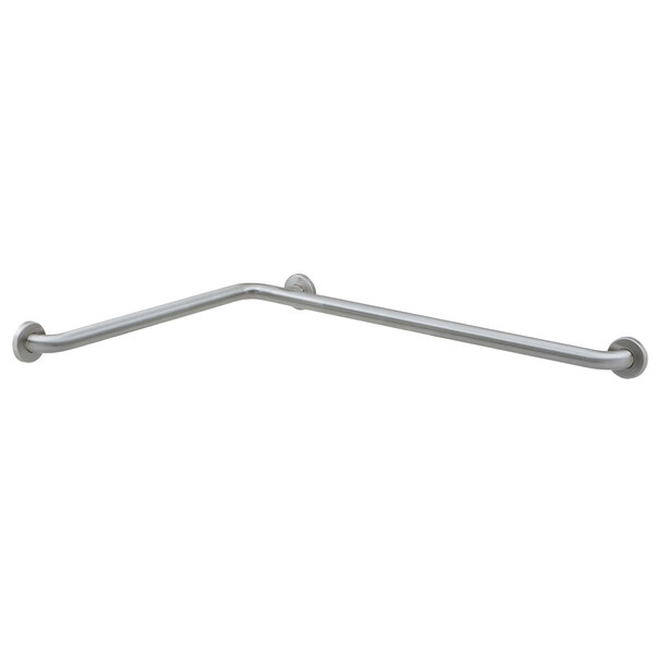 A Bobrick stainless steel curved shower grab bar.