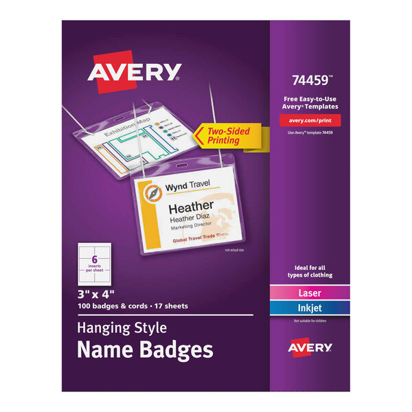 A package of white Avery name badges with a purple label.