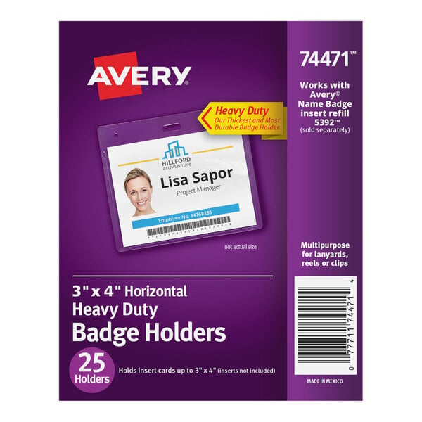 A package of Avery clear heavy-duty badge holders with a white rectangular insert.