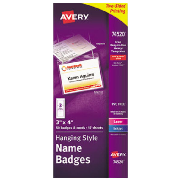 A package of Avery white horizontal hanging-style name badges and top-loading holders with a purple label.