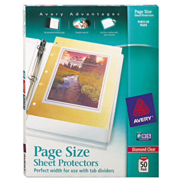 A package of Avery Diamond Clear heavy weight page size protectors with a blue and white Avery logo.