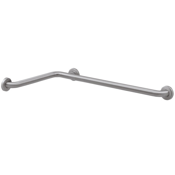 A Bobrick stainless steel grab bar with a curved edge.
