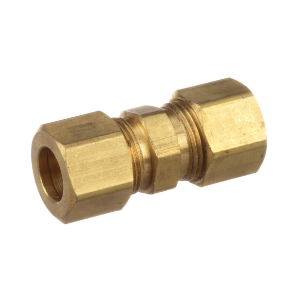 A close-up of a brass threaded male connector.