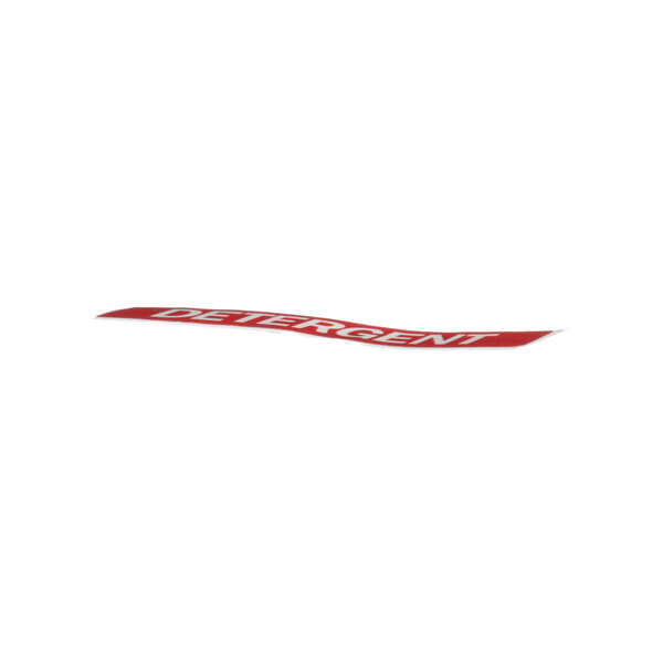 A red and white ribbon with the word "detergent" on a white background.