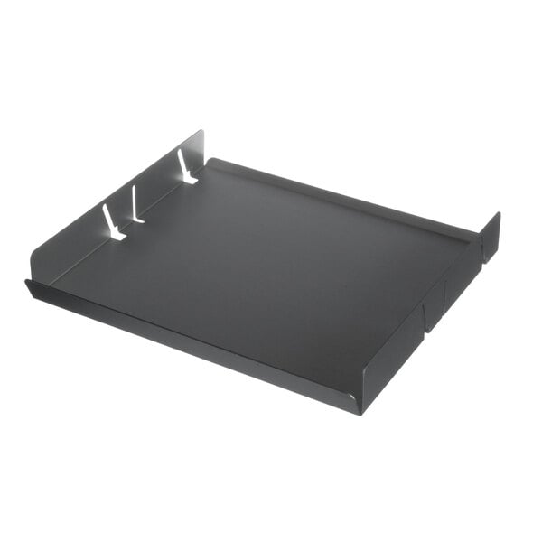 A black metal tray with holes.
