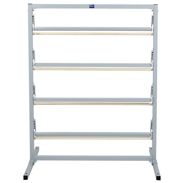 A metal Bulman paper rack with four shelves.