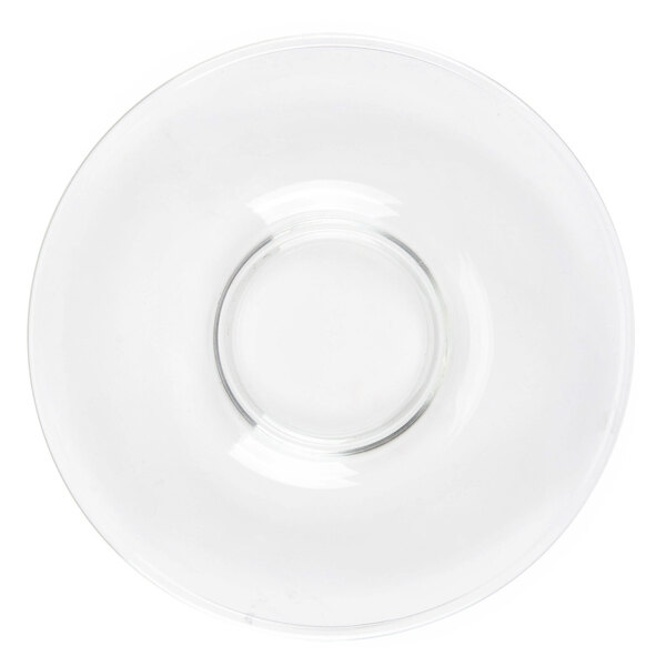 A clear glass saucer with a circular edge.
