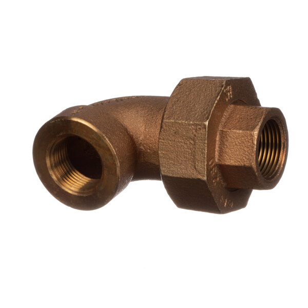 A Champion brass gas elbow for a pipe with a nut on the end.