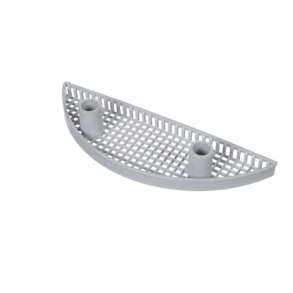 A white plastic strainer basket with holes.