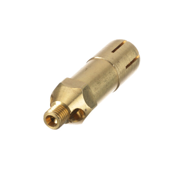 A close-up of a brass threaded connector for a Duke burner.
