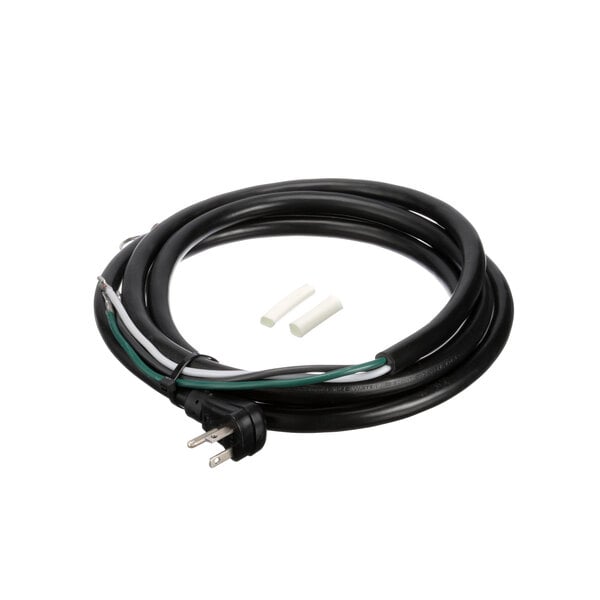 A black power cord with white and green wires.
