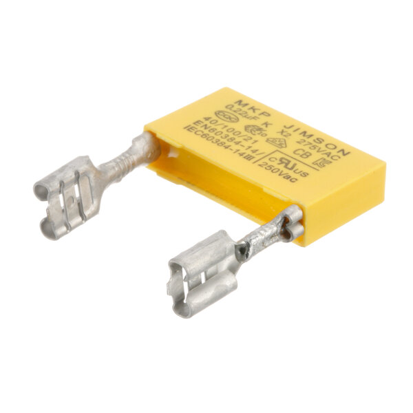 A yellow Electrolux Dito capacitor with metal terminals.