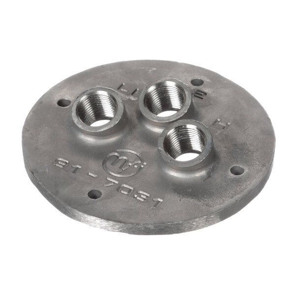 A round metal Market Forge probe plate with three holes.