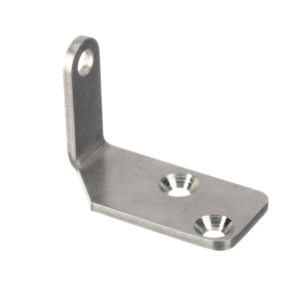 A metal Henny Penny hinge bracket with two holes on a corner.