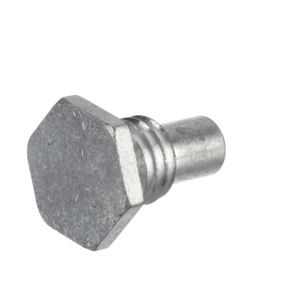 A close-up of a Market Forge hex bolt with a nut on it.