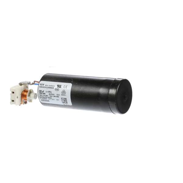 A black cylindrical True Refrigeration start capacitor with a white label.