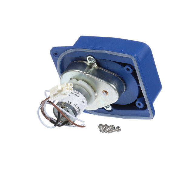 A blue plastic and metal Meiko Rinse Aid Pump with screws.
