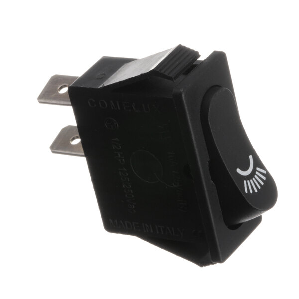 A black toggle switch with white lettering on the switch plate.