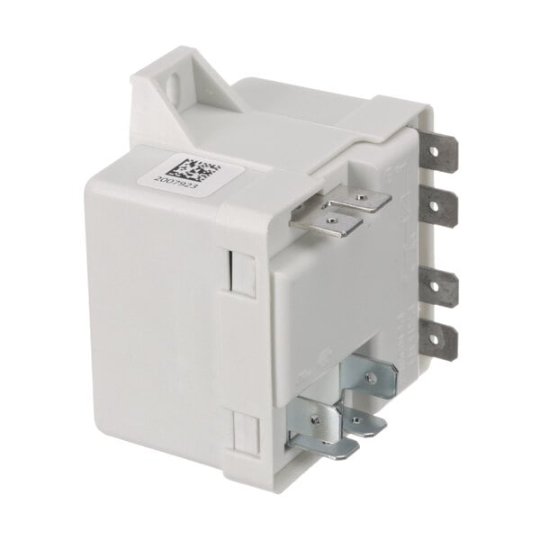 A white Manitowoc Ice start relay with a white label and two wires.