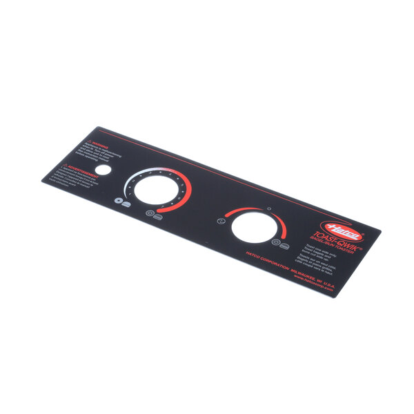 A black rectangular Hatco control panel decal with circular dials and text in red and white.