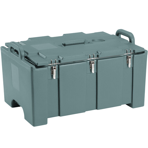 A grey plastic Cambro top loading food pan carrier with handles.